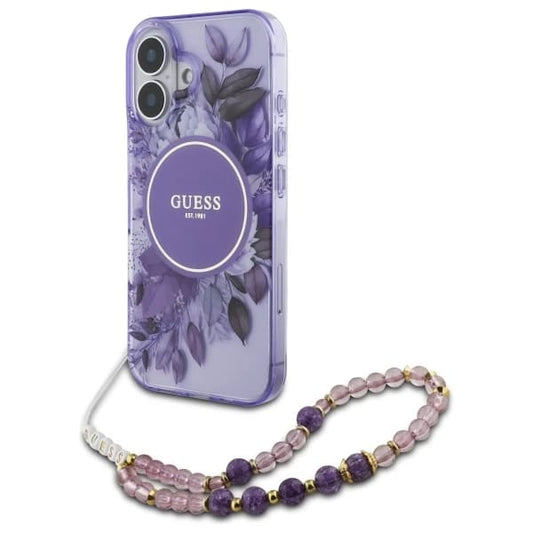 Калъф MagSafe за Apple iPhone 16 Plus, Guess, IML Flowers with Pearl Strap, Лилав