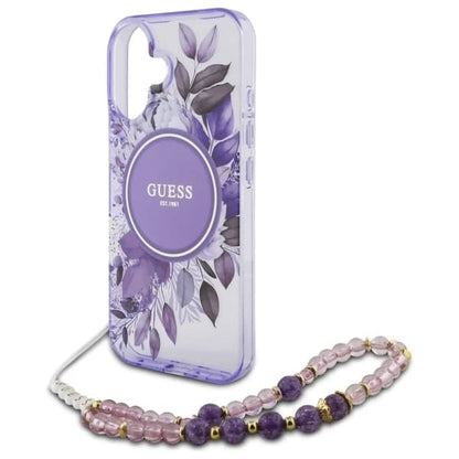 Калъф MagSafe за Apple iPhone 16 Plus, Guess, IML Flowers with Pearl Strap, Лилав