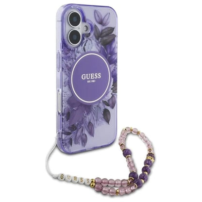 Калъф MagSafe за Apple iPhone 16 Plus, Guess, IML Flowers with Pearl Strap, Лилав