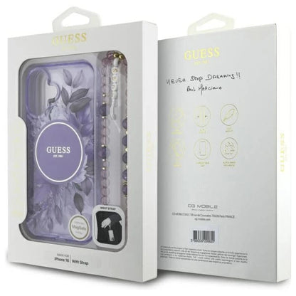 Калъф MagSafe за Apple iPhone 16 Plus, Guess, IML Flowers with Pearl Strap, Лилав