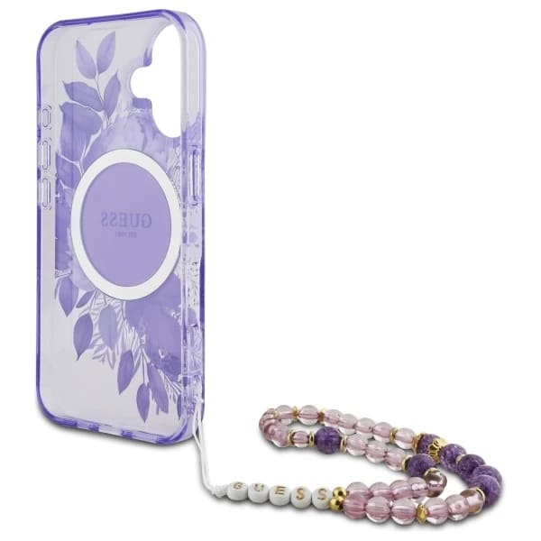 Калъф MagSafe за Apple iPhone 16 Plus, Guess, IML Flowers with Pearl Strap, Лилав
