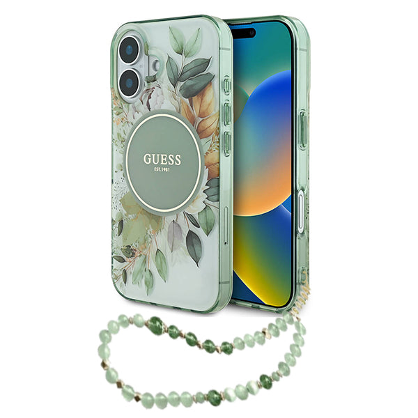 Калъф MagSafe за Apple iPhone 16 Plus, Guess, IML Flowers with Pearl Strap, Зелен