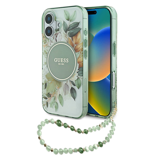 Калъф MagSafe за Apple iPhone 16 Plus, Guess, IML Flowers with Pearl Strap, Зелен