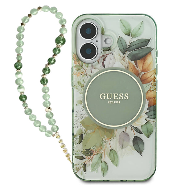 Калъф MagSafe за Apple iPhone 16 Plus, Guess, IML Flowers with Pearl Strap, Зелен