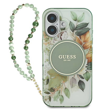 Калъф MagSafe за Apple iPhone 16 Plus, Guess, IML Flowers with Pearl Strap, Зелен