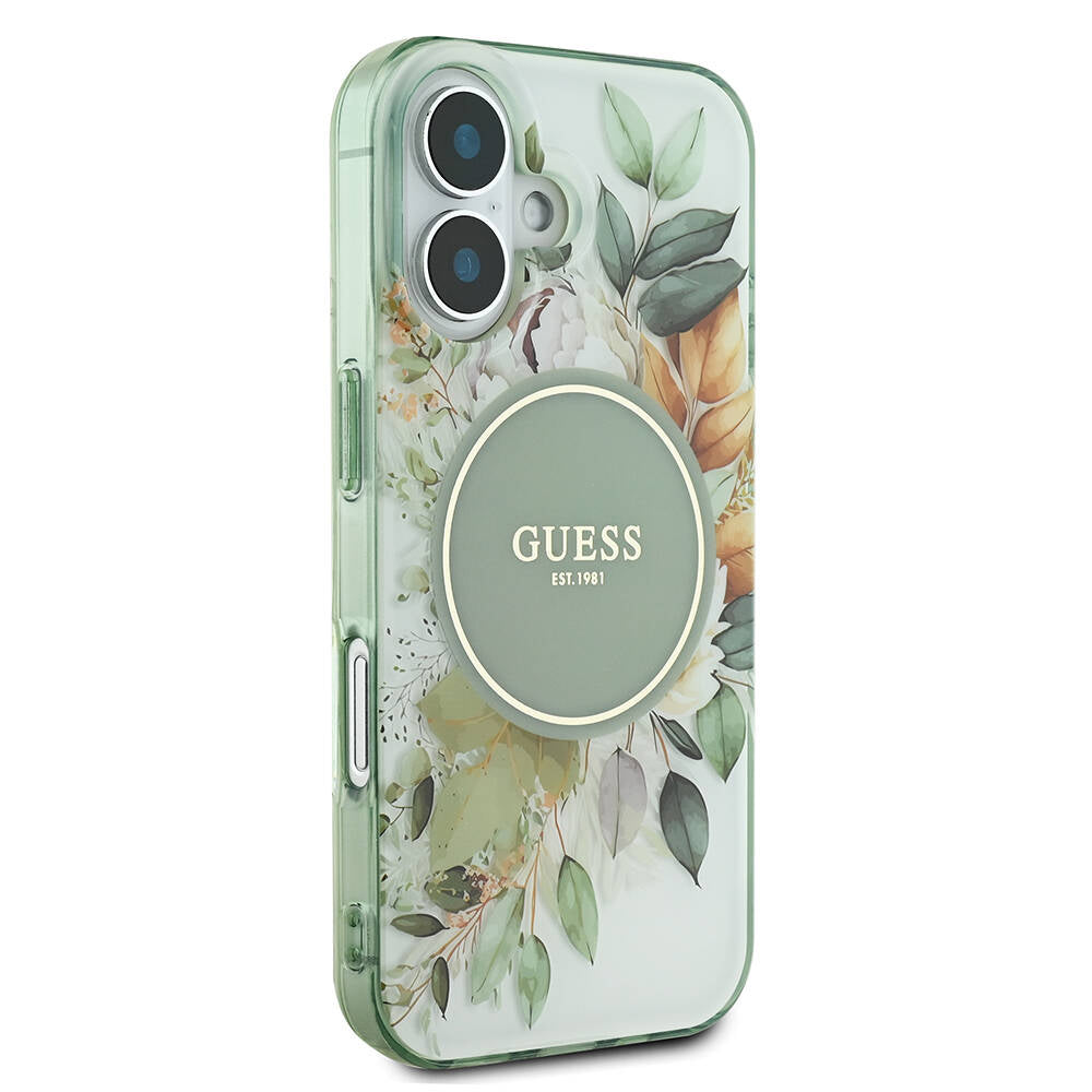 Калъф MagSafe за Apple iPhone 16 Plus, Guess, IML Flowers with Pearl Strap, Зелен