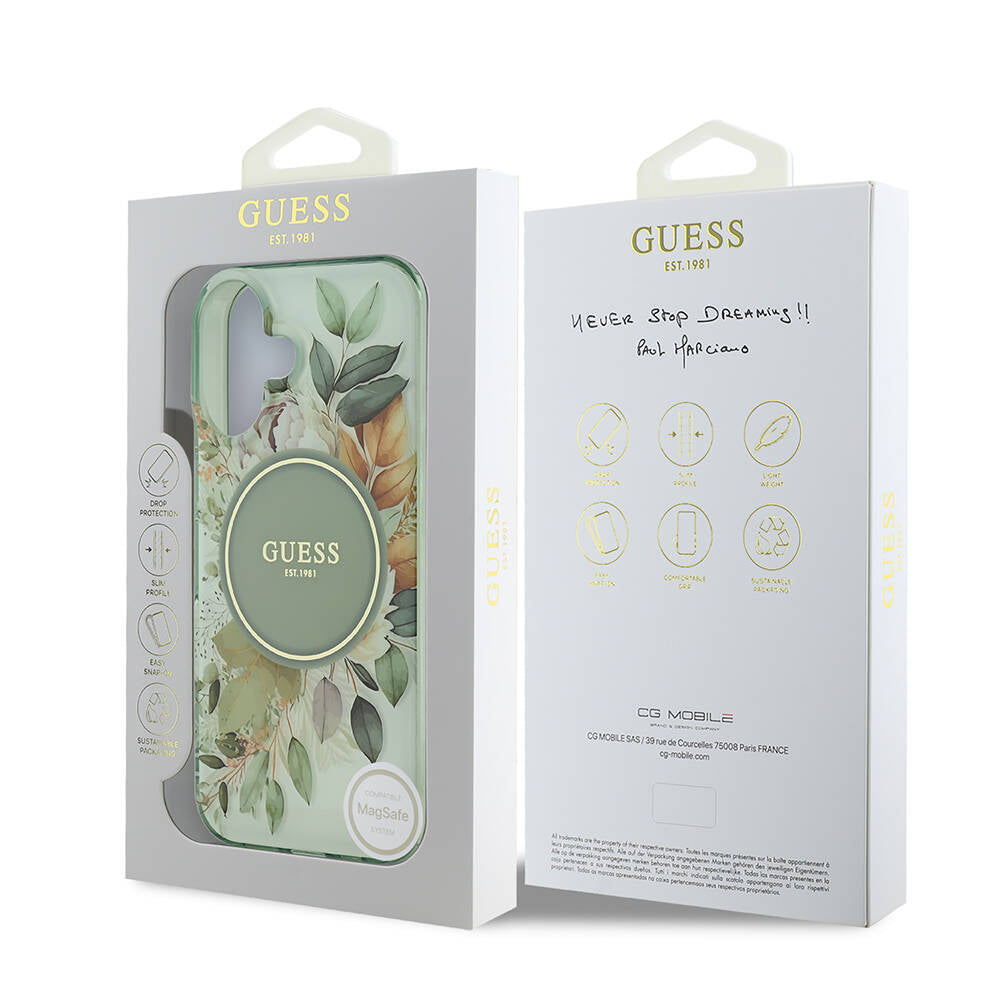 Калъф MagSafe за Apple iPhone 16 Plus, Guess, IML Flowers with Pearl Strap, Зелен