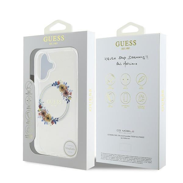 Калъф MagSafe за Apple iPhone 16 Plus, Guess, IML Flowers Wreath, Прозрачен