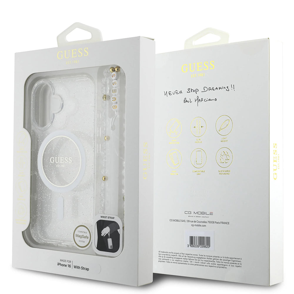 Калъф MagSafe за Apple iPhone 16 Plus, Guess, IML Glitter with Pearl Strap, Прозрачен
