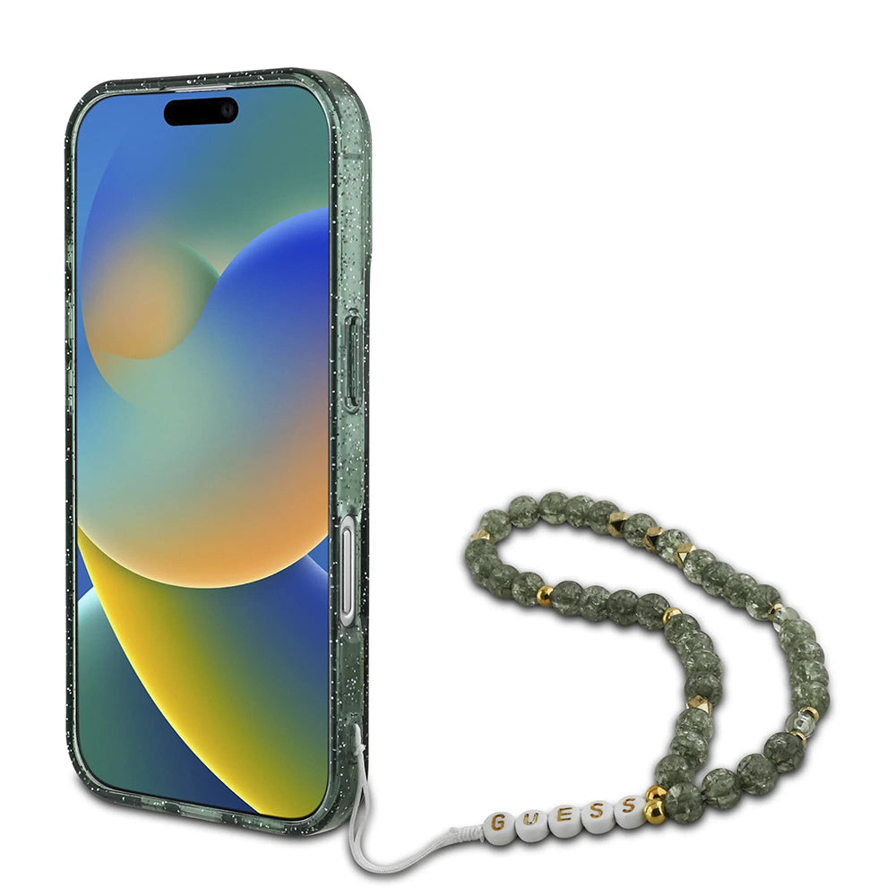 Калъф MagSafe за Apple iPhone 16 Plus, Guess, IML Glitter with Pearl Strap, Зелен