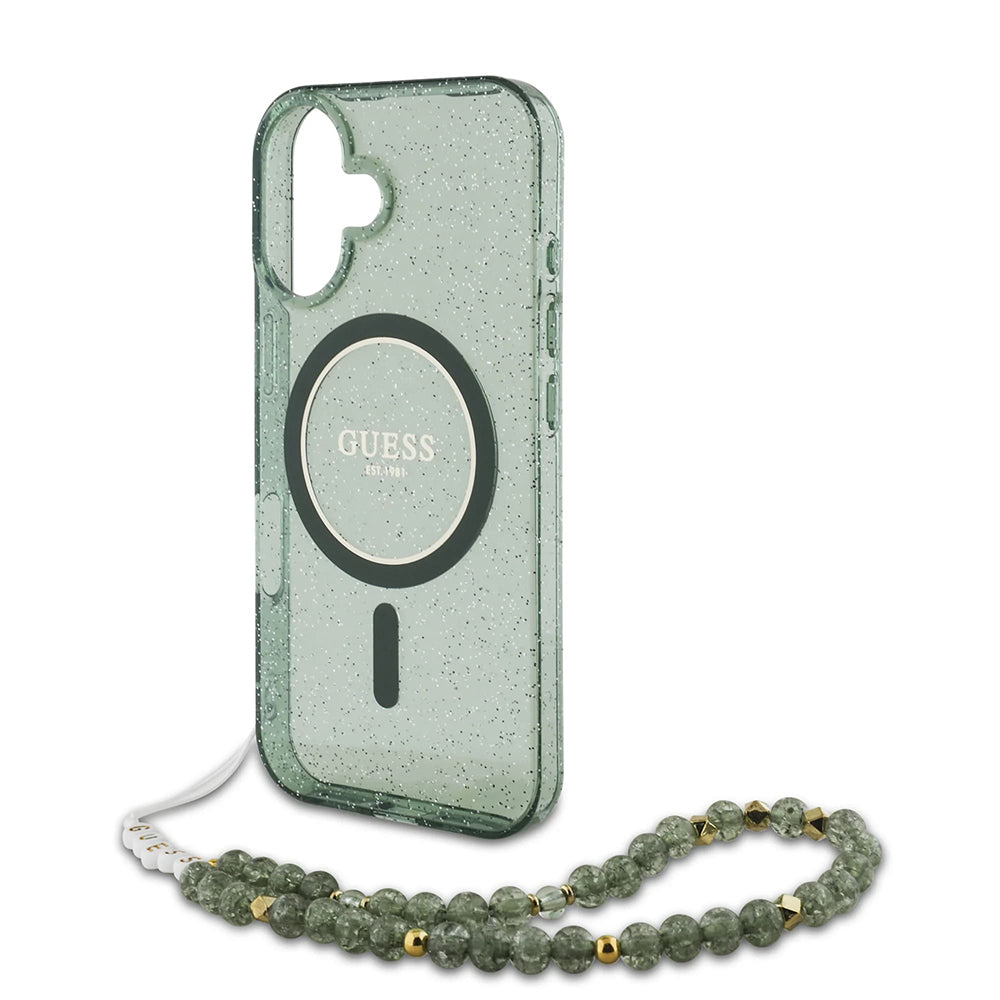 Калъф MagSafe за Apple iPhone 16 Plus, Guess, IML Glitter with Pearl Strap, Зелен