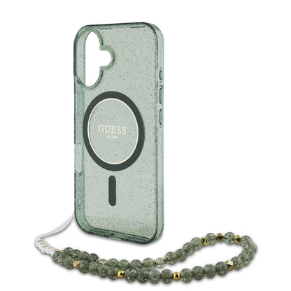 Калъф MagSafe за Apple iPhone 16 Plus, Guess, IML Glitter with Pearl Strap, Зелен