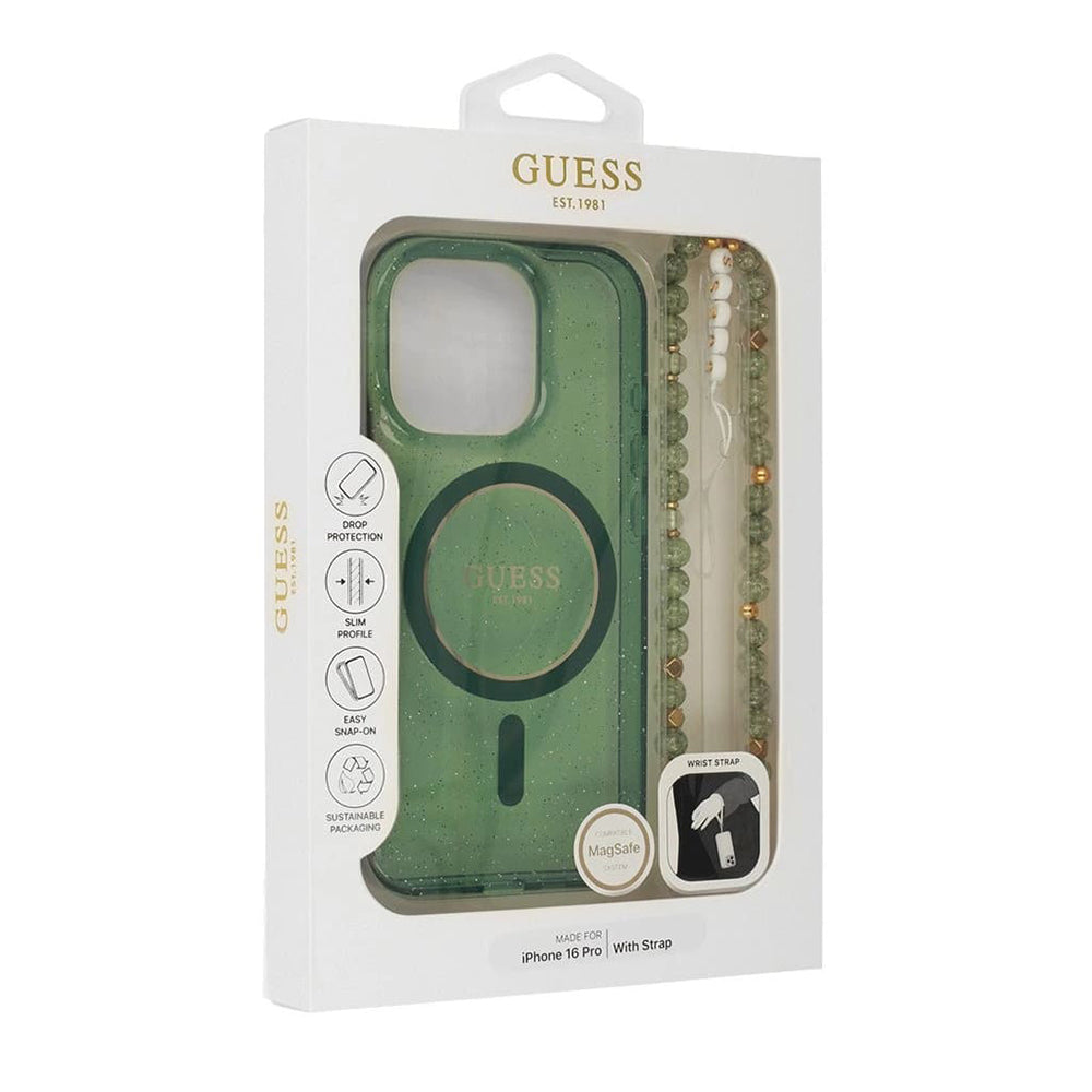 Калъф MagSafe за Apple iPhone 16 Plus, Guess, IML Glitter with Pearl Strap, Зелен
