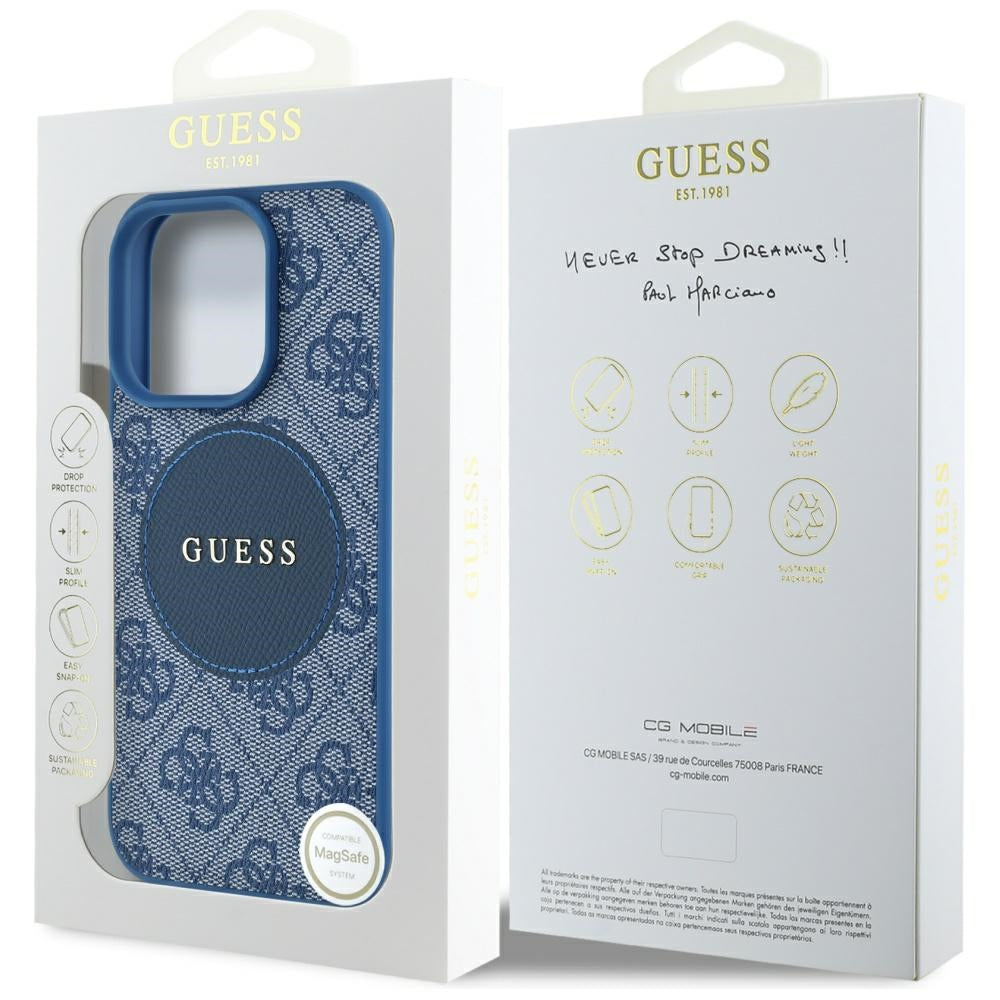 Калъф MagSafe за Apple iPhone 16 Pro, Guess, 4G Circle Classic Logo, Син