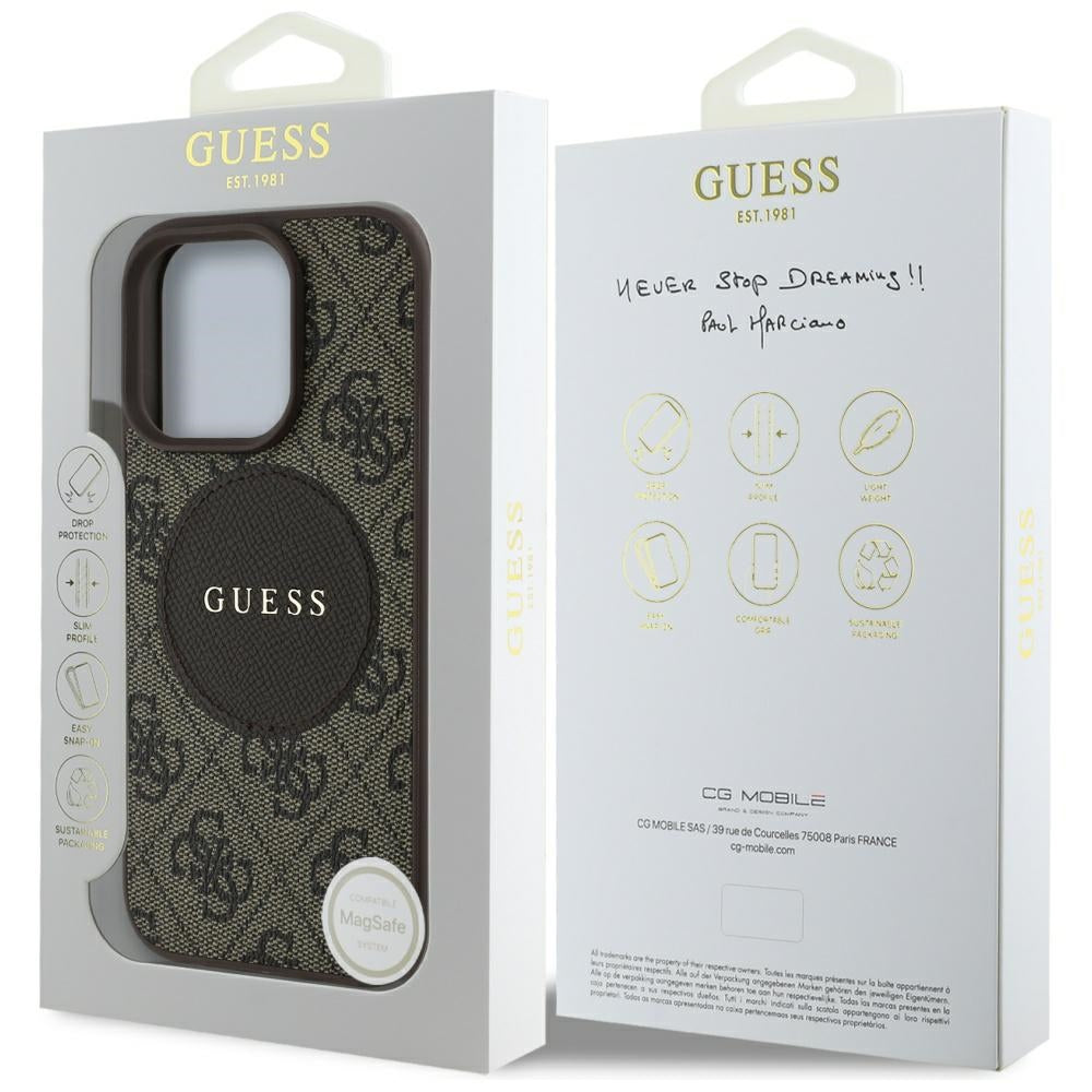 Калъф MagSafe за Apple iPhone 16 Pro, Guess, 4G Circle Classic Logo, Кафяв
