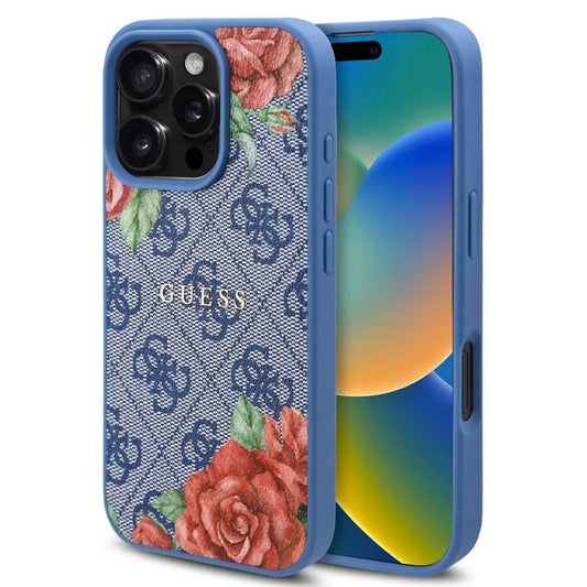 Калъф MagSafe за Apple iPhone 16 Pro, Guess, 4G Flowers Print, Син