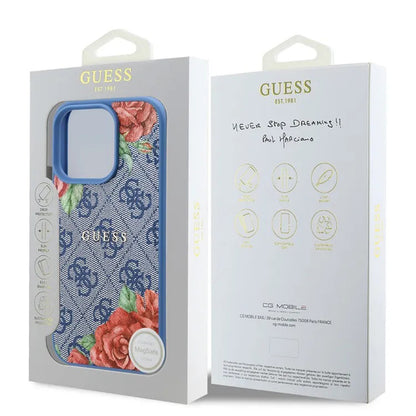 Калъф MagSafe за Apple iPhone 16 Pro, Guess, 4G Flowers Print, Син