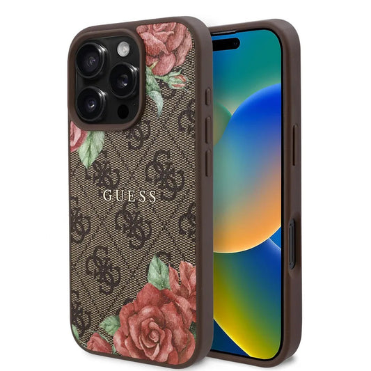 Калъф MagSafe за Apple iPhone 16 Pro, Guess, 4G Flowers Print, Кафяв