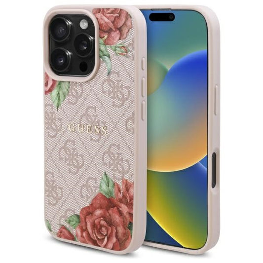 Калъф MagSafe за Apple iPhone 16 Pro, Guess, 4G Flowers Print, Розов