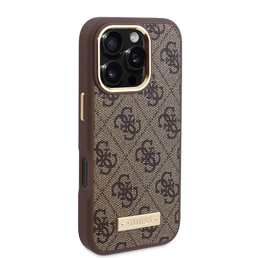 Калъф MagSafe за Apple iPhone 16 Pro, Guess, 4G Logo Plate, Кафяв