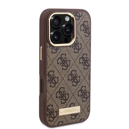 Калъф MagSafe за Apple iPhone 16 Pro, Guess, 4G Logo Plate, Кафяв