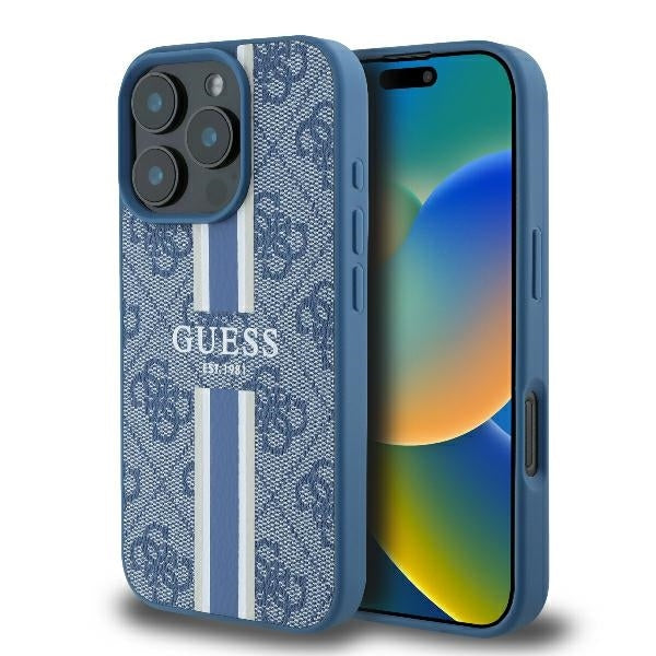 Калъф MagSafe за Apple iPhone 16 Pro, Guess, 4G Printed Stripes, Син
