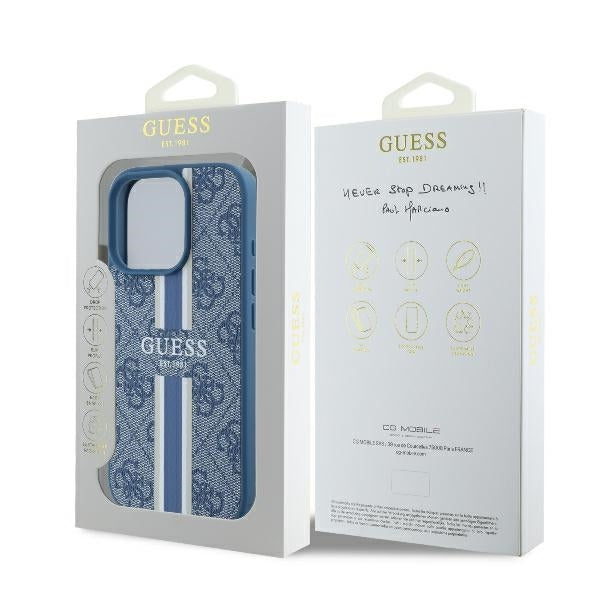 Калъф MagSafe за Apple iPhone 16 Pro, Guess, 4G Printed Stripes, Син