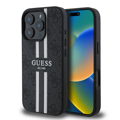 Калъф MagSafe за Apple iPhone 16 Pro, Guess, 4G Printed Stripes, Черен