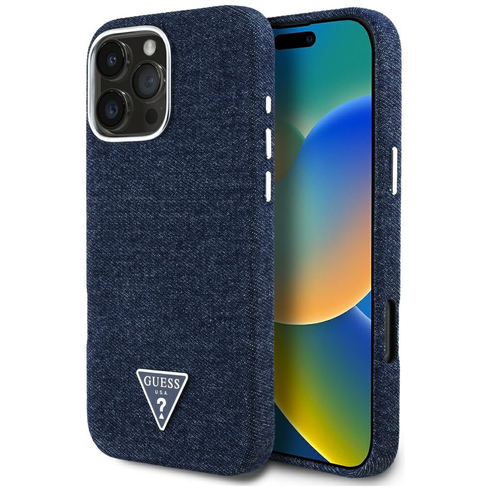 Калъф MagSafe за Apple iPhone 16 Pro, Guess, Denim Triangle Logo, Син