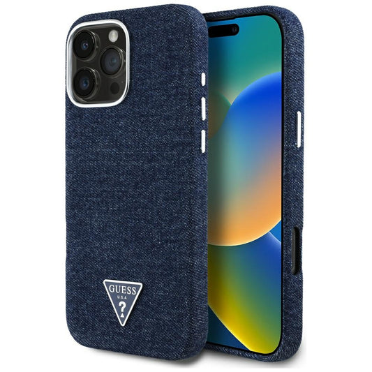 Калъф MagSafe за Apple iPhone 16 Pro, Guess, Denim Triangle Logo, Син