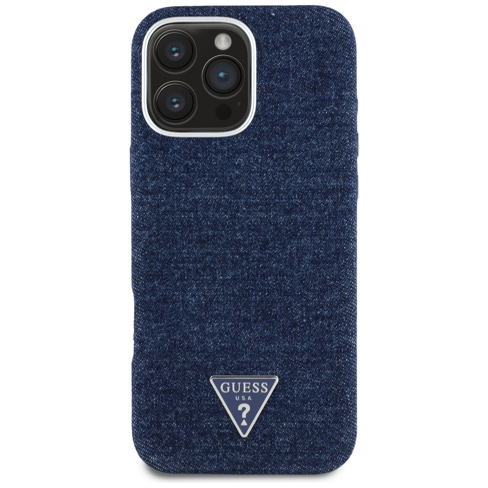 Калъф MagSafe за Apple iPhone 16 Pro, Guess, Denim Triangle Logo, Син