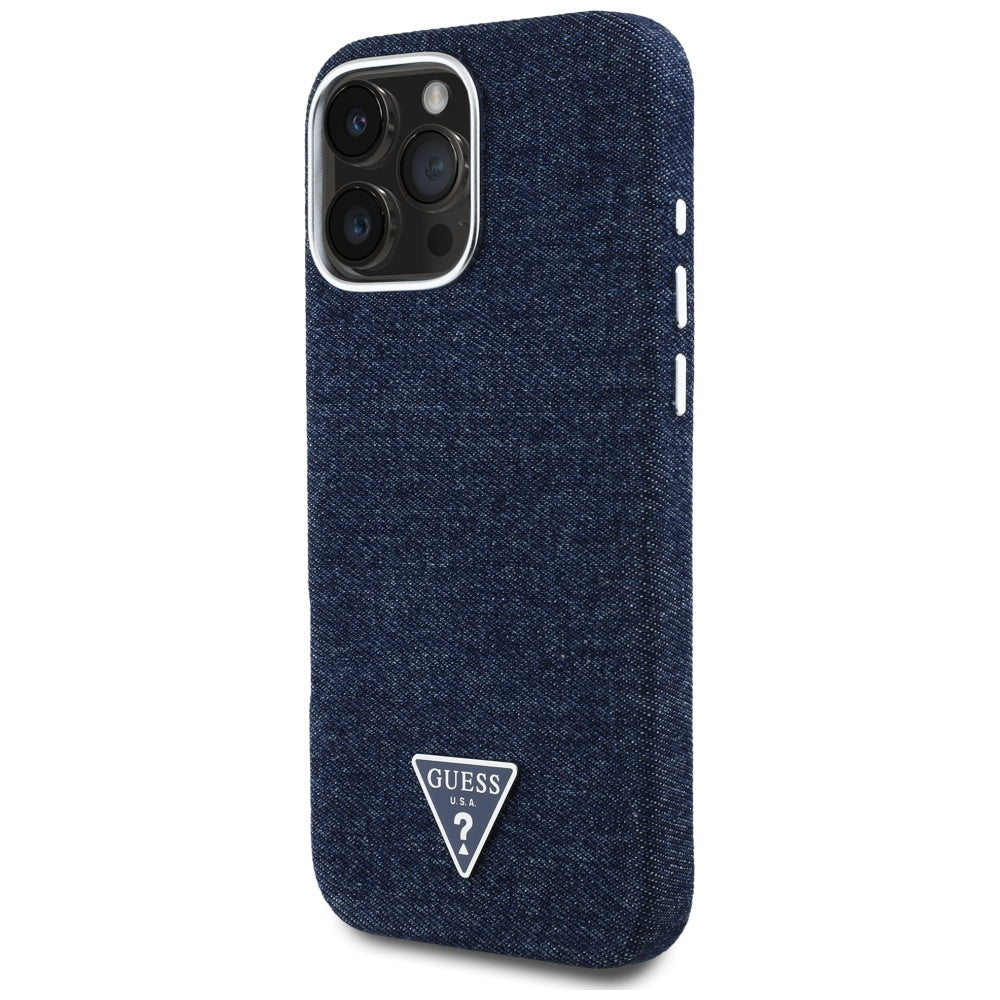 Калъф MagSafe за Apple iPhone 16 Pro, Guess, Denim Triangle Logo, Син