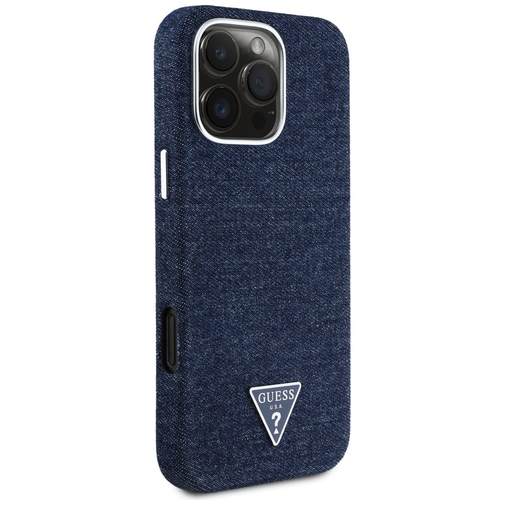 Калъф MagSafe за Apple iPhone 16 Pro, Guess, Denim Triangle Logo, Син