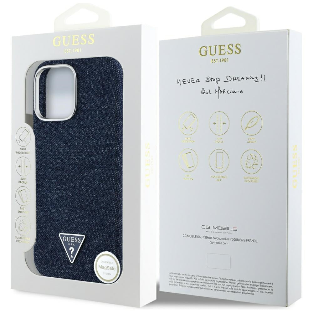 Калъф MagSafe за Apple iPhone 16 Pro, Guess, Denim Triangle Logo, Син
