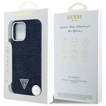 Калъф MagSafe за Apple iPhone 16 Pro, Guess, Denim Triangle Logo, Син