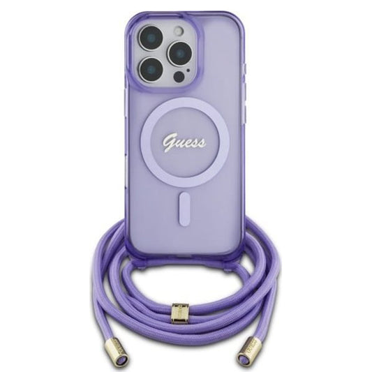 Калъф MagSafe за Apple iPhone 16 Pro, Guess, IML Crossbody Cord Script, Лилав
