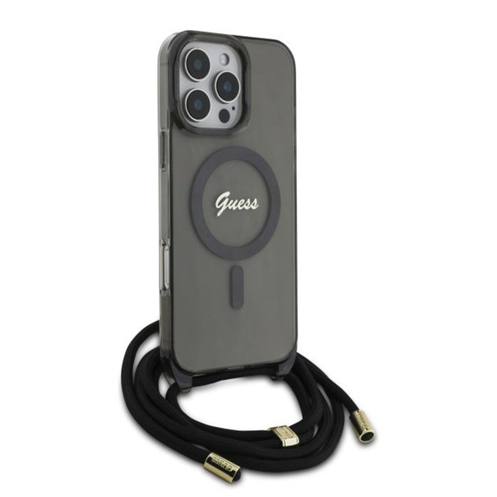 Калъф MagSafe за Apple iPhone 16 Pro, Guess, IML Crossbody Cord Script, Черен