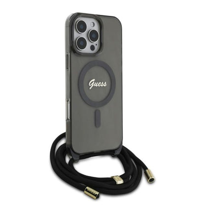 Калъф MagSafe за Apple iPhone 16 Pro, Guess, IML Crossbody Cord Script, Черен