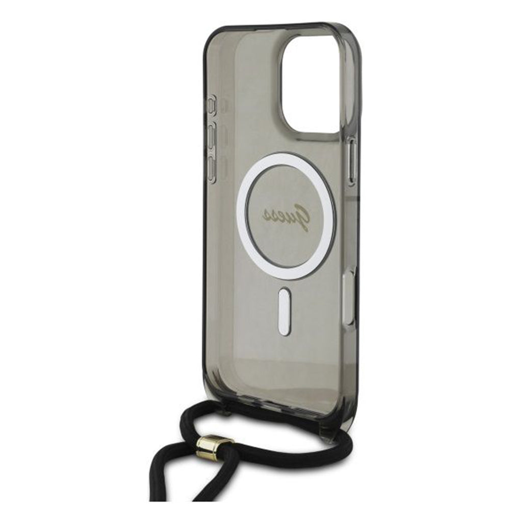 Калъф MagSafe за Apple iPhone 16 Pro, Guess, IML Crossbody Cord Script, Черен