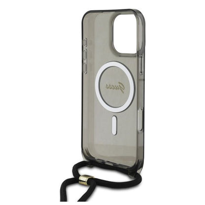 Калъф MagSafe за Apple iPhone 16 Pro, Guess, IML Crossbody Cord Script, Черен