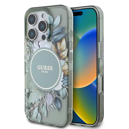Калъф MagSafe за Apple iPhone 16 Pro, Guess, IML Flower & Tonal Circle, Зелен