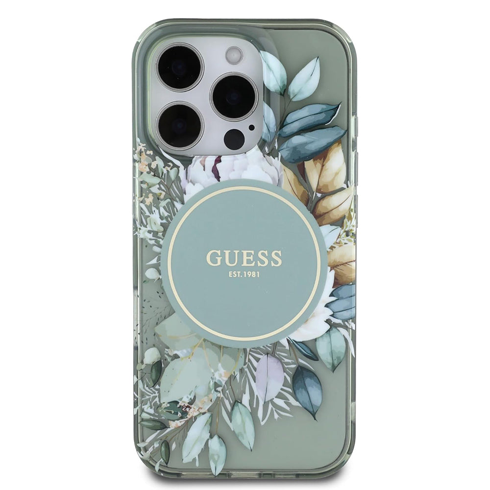 Калъф MagSafe за Apple iPhone 16 Pro, Guess, IML Flower & Tonal Circle, Зелен