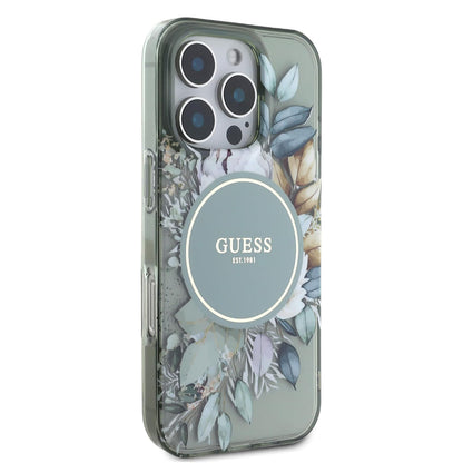 Калъф MagSafe за Apple iPhone 16 Pro, Guess, IML Flower & Tonal Circle, Зелен