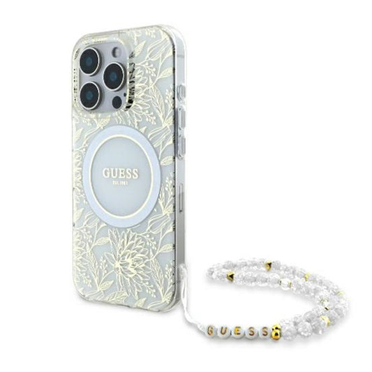 Калъф MagSafe за Apple iPhone 16 Pro, Guess, IML Flowers Allover Electroplated with Pearl Strap, Бял