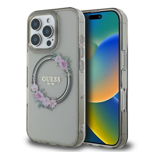 Калъф MagSafe за Apple iPhone 16 Pro, Guess, IML Flowers Wreath, Черен