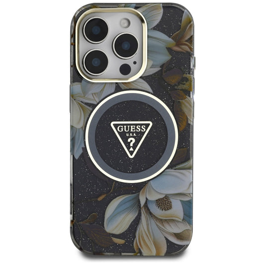 Калъф MagSafe за Apple iPhone 16 Pro, Guess, IML Metal Glitter Flowers Triangle, Черен