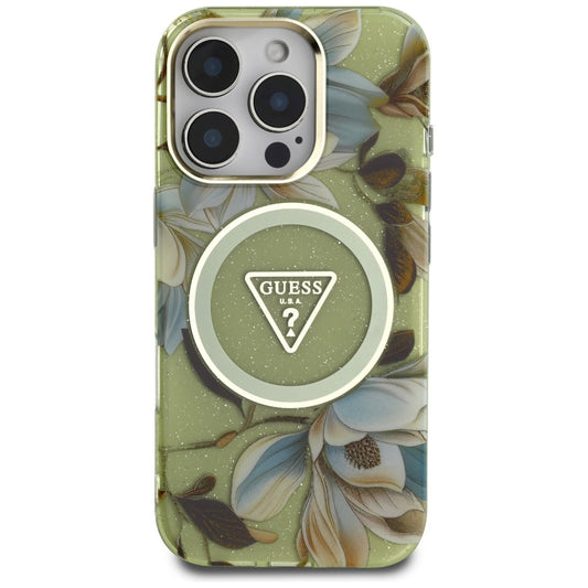 Калъф MagSafe за Apple iPhone 16 Pro, Guess, IML Metal Glitter Flowers Triangle, Зелен