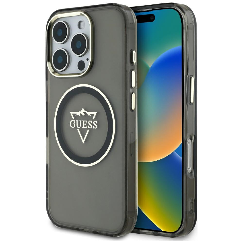 Калъф MagSafe за Apple iPhone 16 Pro, Guess, IML Metal Mountain Logo, Черен