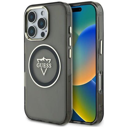 Калъф MagSafe за Apple iPhone 16 Pro, Guess, IML Metal Mountain Logo, Черен