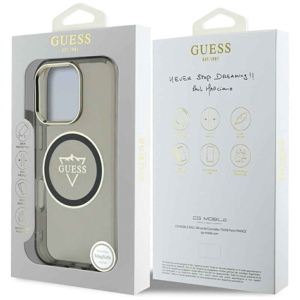 Калъф MagSafe за Apple iPhone 16 Pro, Guess, IML Metal Mountain Logo, Черен